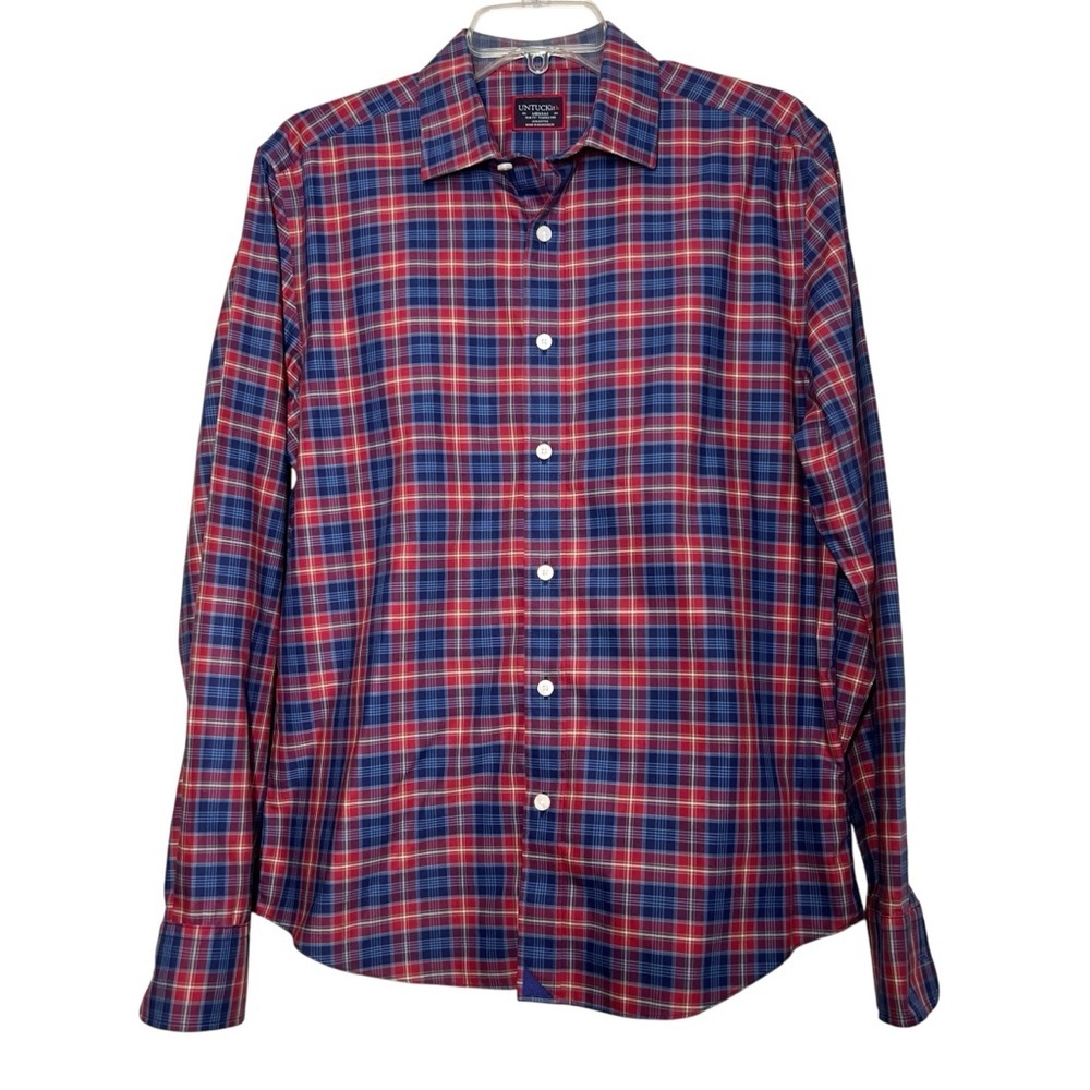 UNTUCKit Shirt Mens Size Medium Red Blue Plaid Long Sleeve Cotton Casual Career